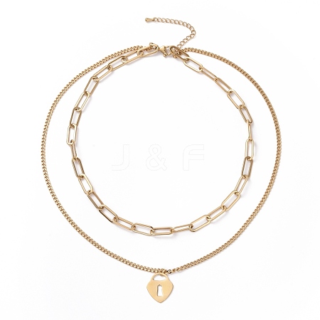 PVD Vacuum Plating 304 Stainless Steel Double Chains Multi Layered Necklace with Heart Padlock Charms for Women STAS-E155-05G-1