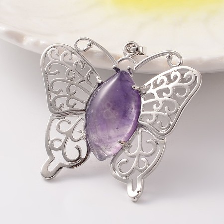 Butterfly Platinum Tone Brass Natural Amethyst Pendants G-M288-06-1