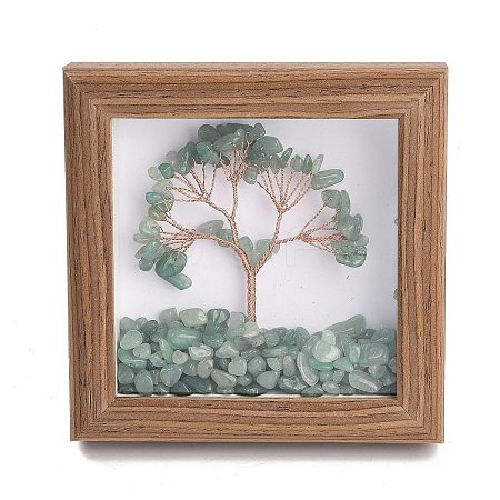 Natural Green Aventurine Chips Tree of Life with Wooden Photo Frame Decorations DJEW-B013-04E-1