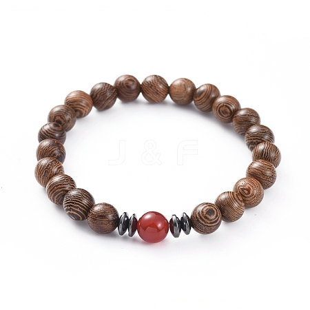  Jewelry Beads Findings Unisex Wood Beads Stretch Bracelets, with Natural Red Agate/Carnelian Beads, Non-Magnetic Synthetic Hematite Beads, 56mm