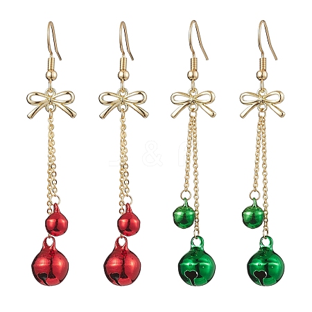 2Pairs 2 Colors Christmas Theme Brass Bell & Bowknot Dangle Earrings EJEW-JE05824-1