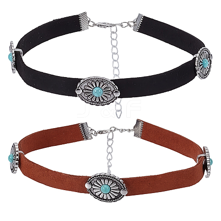 2Pcs 2 Colors Alloy Pave Synthetic Turquoise Oval Imitation Leather Choker Necklaces for Women NJEW-CY0001-06-1