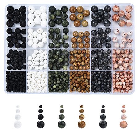 Natural Red Netstone & Taiwan Jade & Lava Rock & Wood Lace Stone & Larvikite Round Bead Sets G-YW0002-20-1