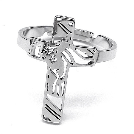 304 Stainless Steel Adjustable Finger Rings. Hollow Cross RJEW-C074-04P-1