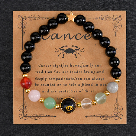 12 Zodiac Sign Natural Black Obsidian Round Beads Stretch Bracelets for Men Women WG228FC-02-1