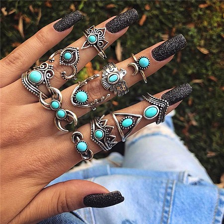 11Pcs Alloy with Synthetic Turquoise Finger Rings FS-WGB916C-01-1