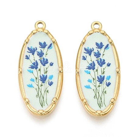 Printed Style 304 Stainless Steel Oval with Flower Pattern Pendants STAS-T071-27A-G-1