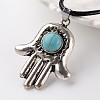 Hamsa Hand/Hand of Fatima/Hand of Miriam Antique Silver Tone Alloy Synthetic Turquoise Pendant Necklaces NJEW-E075-05A-2