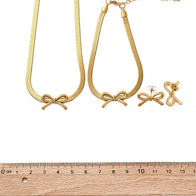 Bowknot 304 Stainless Steel Pendant Necklaces & Charms Bracelets & Stud Earrings Sets SJEW-Z003-03G-1