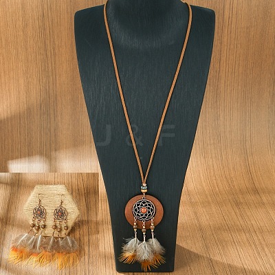Woven Net/Web with Feather Alloy & Wood Necklaces & Earring Sets FS-WG8596C-04-1