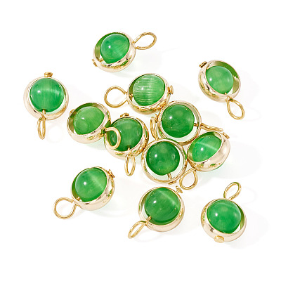 12Pcs Brass & Glass Imitation Cat Eye Round Charms PALLOY-TAC0237-03-1