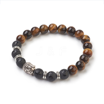 Natural Tiger Eye Beads and Natural Frosted Agate Beads Stretch Bracelets BJEW-JB03848-04-1