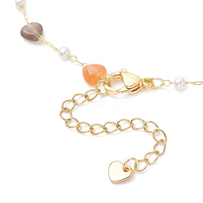 Colorful Cat Eye Heart & Plastic Pearl Beads Brass Link Chain Anklets AJEW-AN00729-1