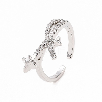 Clear Cubic Zirconia Asterism Open Cuff Ring RJEW-B028-10P-1