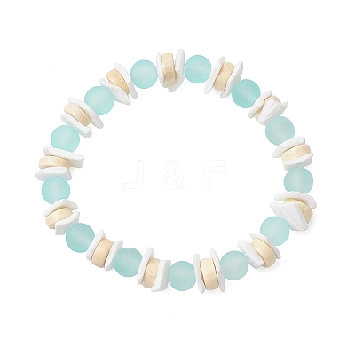 Transparent Glass Round Beads & Natural White Shell & Wood Beads Stretch Bracelets for Men Women BJEW-JB11846-02-1