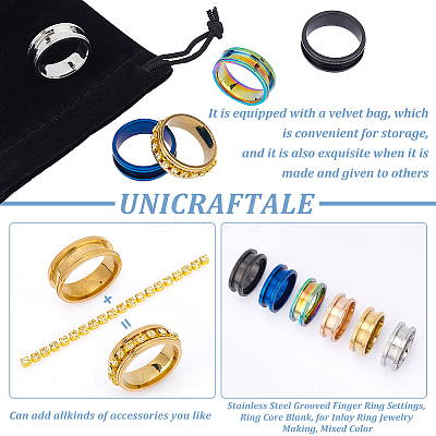 18Pcs 6 Colors 201 Stainless Steel Grooved Finger Ring Settings STAS-UN0048-52-1