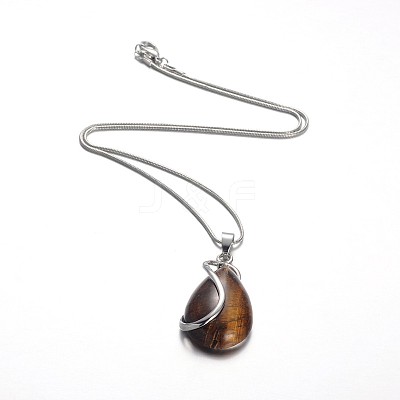 Teardrop Platinum Plated Brass Gemstone Pendant Necklaces NJEW-JN01185-1