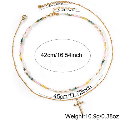 Colorful Natural Mixed Stone and Imitaiton Pearl Beaded Double Layered Necklaces with Stainless Steel Religion Cross Pendant MK2269-1