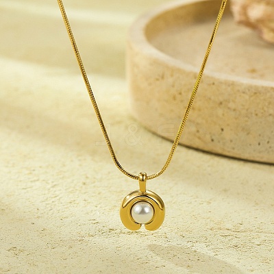 304 Stainless Steel Pave Shell Pearl Flat Round Pendant Necklaces for Women NJEW-U031-02G-1