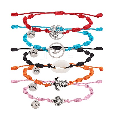 Natural Cowrie Shell & Tree & Turtle & Wave Link Bracelets Set BJEW-SW00030-1