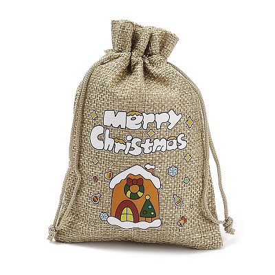 Christmas Printed Burlap Packing Pouches Drawstring Bags ABAG-Q053-02A-11-1