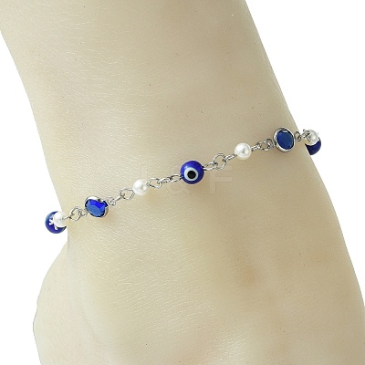 304 Stainless Steel & Glass & Blue Evil Eye Lampwork & Shell Pearl Link Chain Anklets AJEW-AN00812-1