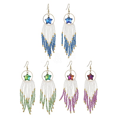 Star Glass Seed Beaded Dangle Tassel Earrings EJEW-MZ00777-1