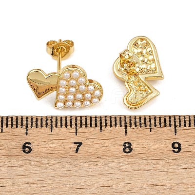 Brass ABS Plastic Pearl Heart Stud Earrings EJEW-L275-14G-02-1