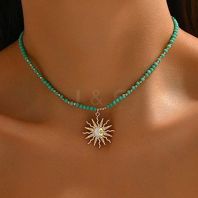 Glass and CCB Plastic Beaded Alloy Pendant Necklace FS-WG08D0F-01-1-1