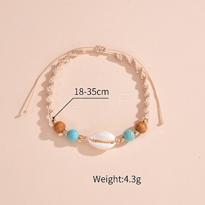 Adjustable Natural Cowrie Shell & Round Wood & Synthetic Turquoise Beaded Cotton Cord Braided Anklets for Women FS-WG3A61A-01-1