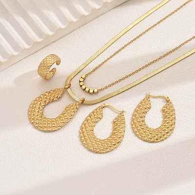 Stainless Steel Horseshoe Hoop Earrings & Double-layer Necklaces & Cuff Ring Sets for Women CJ2846-1