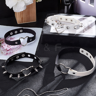 4Pcs 4 Styles Adjustable Gothic PU Leather Alloy Heart Spike Rivet Choker Necklaces for Women NJEW-CL0001-18-1