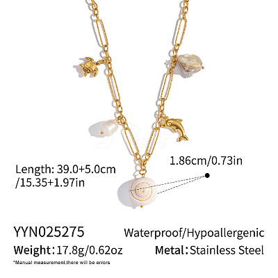 Natural Shell Pendant 304 Staniless Steel Paperclip Chain Bib Necklaces for Women KN2653-1-1