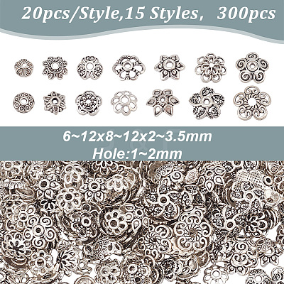 300Pcs 15 Style Tibetan Style Alloy Bead Caps FIND-GO0002-02-1