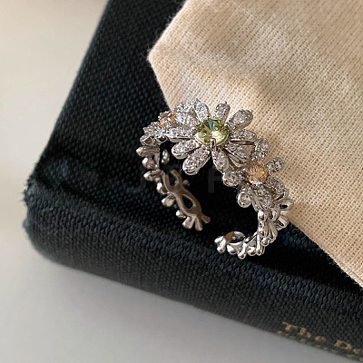 Alloy Rhinestone Flower Cuff Open Rings for Women WG6663D-01-1