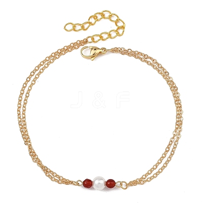 White Round Shell Pearl & Natural Carnelian Beads Anklets AJEW-AN00835-02-1