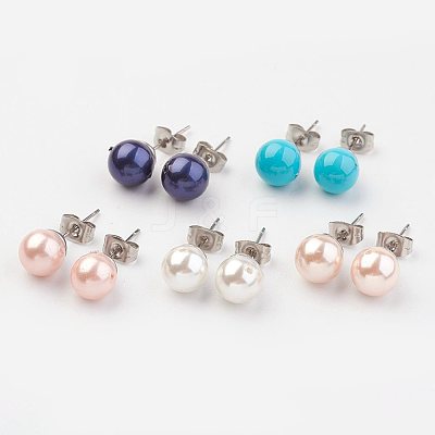Shell Pearl Ball Stud Earring Findings X-EJEW-JE02370-1
