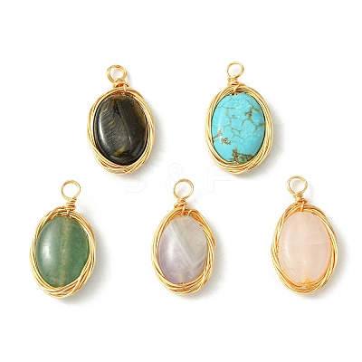 5Pcs 5 Styles Natural Mixed Stone Copper Wire Wrapped Pendants PALLOY-JF02501-1