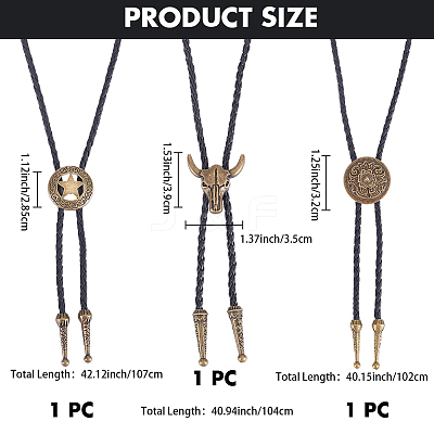 3Pcs 3 Styles Alloy Pendant Bolo Tie Lariat Necklaces NJEW-CL0001-09-1