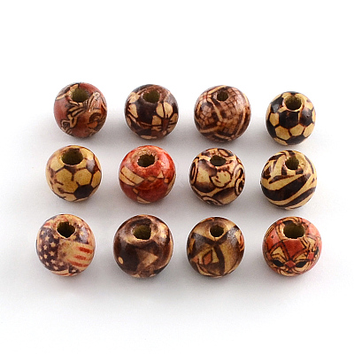 Round Printed Wood Beads X-WOOD-R243-13mm-M2-1