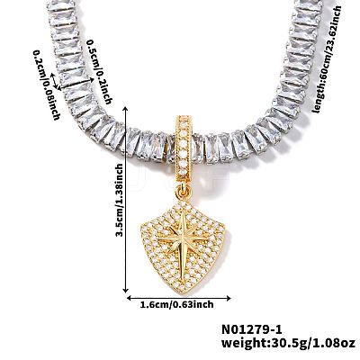 Fashionable Rock Hip-hop Style Brass Pave Clear Cubic Zirconia Shield with Star Pendant Tennis Necklaces for Men VV4192-1-1