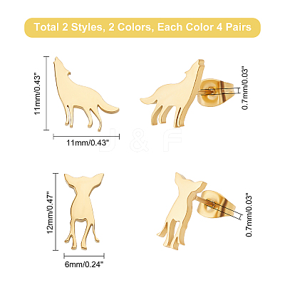 16 Pairs 4 Style Deer & Wolf 304 Stainless Steel Stud Earrings for Women EJEW-DC0001-20-1