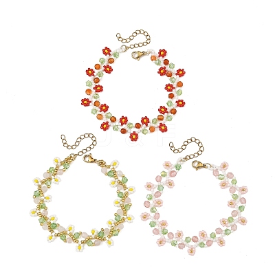 3Pcs 3 Colors Flower Seed Bead Beaded Bracelet Sets with Cherry Quartz Glass & Natural Rose Quartz & Carnelian for Women BJEW-MZ00350-1