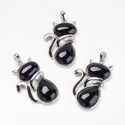 Natural Black Agate Kitten Pendants G-G713-B05-1