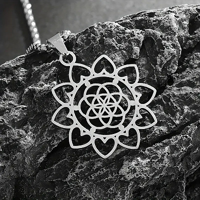 201 Stainless Steel Laser Cut Lotus Flower Pendant Necklaces FS-WG19C45-01-1