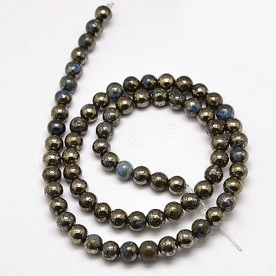 Electroplate Gemstone Natural Pyrite Round Beads Strands G-L129-6mm-01-1