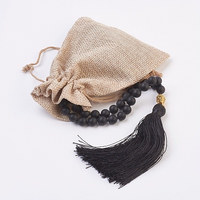 Natural Dyed & Heated Black Agate Buddha Mala Beads Necklaces NJEW-JN02129-01-1
