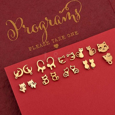 9 Pairs 9 Style 316 Surgical Stainless Steel Cute Kitten Stud Earrings for Women JE933A-1