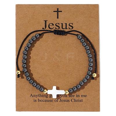 Adjustable Vintage Shell Cross Synthetic Non-magnetic Hematite Braided Beaded Bracelets for Men SE7092-1