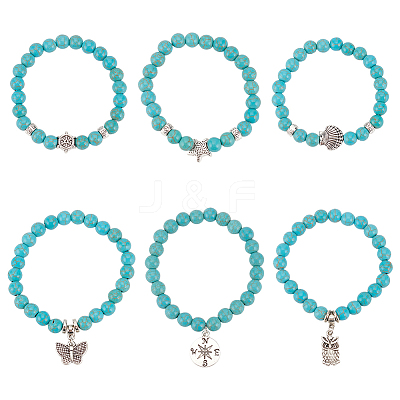 6Pcs 6 Style Synthetic Turquoise Round Beaded Stretch Bracelets Set BJEW-AN0001-20-1